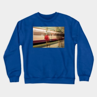 conceptual image people on underground platform as train arrives in motion blur. Crewneck Sweatshirt